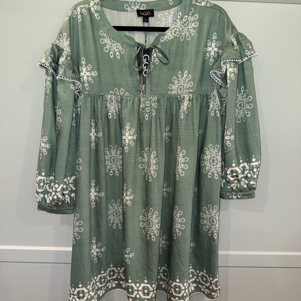 Gigio Women's Large Green Medallion Tie Neck Mini Dress Ruffle Balloon Sleeve